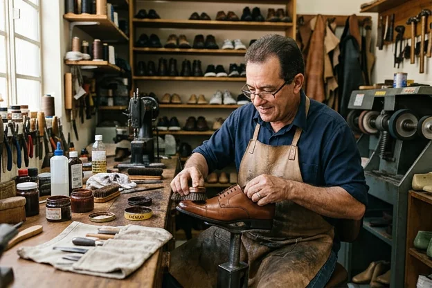 Sapateiro limpa e cuida de sapatos sociais em Barretos.