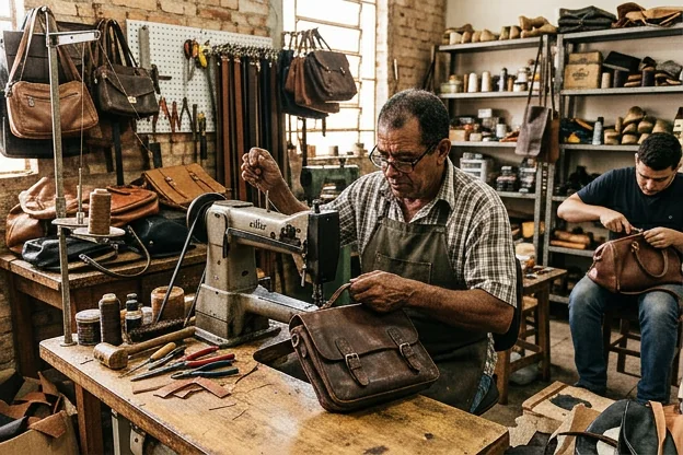 Reparo de bolsa de couro sendo realizado em Barretos.