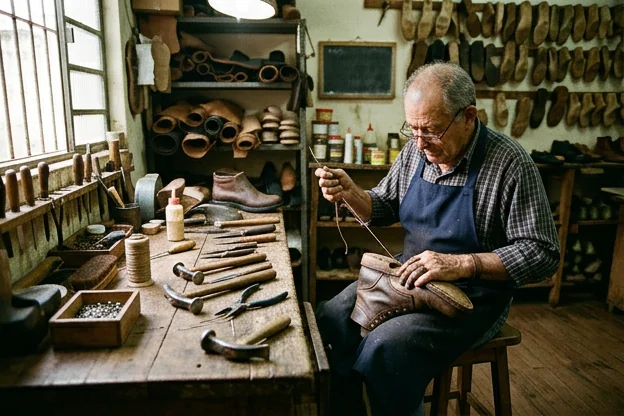 Ferramentas e materiais utilizados por sapateiros em Barretos.